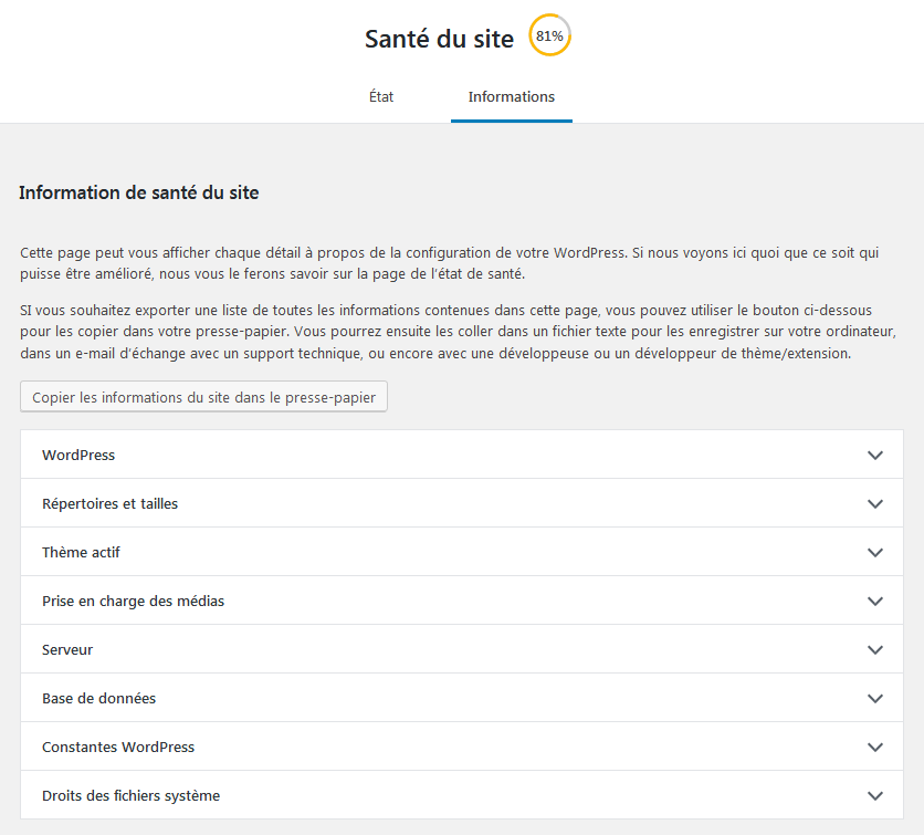 WordPress - Santé du site : Info