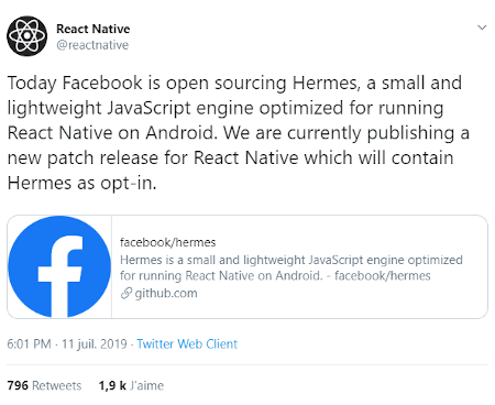 Tweet de React Native pour la sortie d'Hermes