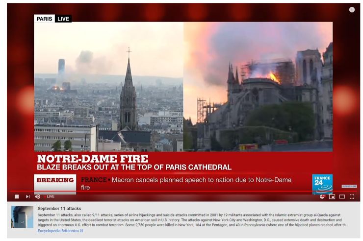 Youtube confond Notre-Dame avec le 11 Septembre